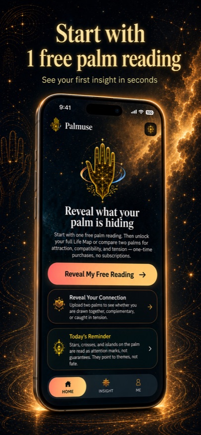 Palmuse app home screen showing a glowing golden palm and a Reveal My Free Reading button