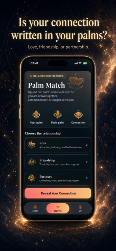 Palmuse Palm Match setup screen for choosing a Love, Friendship or Partners reading