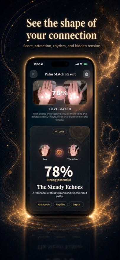 Palmuse Palm Match result showing a 78 percent love match called The Steady Echoes