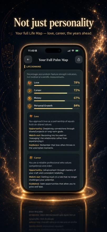 Palmuse full Life Map screen with strength bars for Love, Career, Money and Personal Growth, plus written guidance